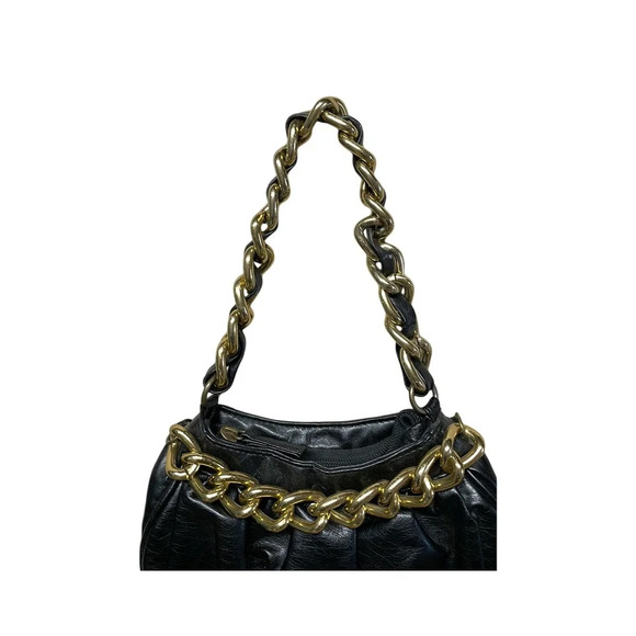 Candie's Y2K Ruched Black Pleather Mini Handbag With A Chunky Gold Chain - Picture 2 of 6